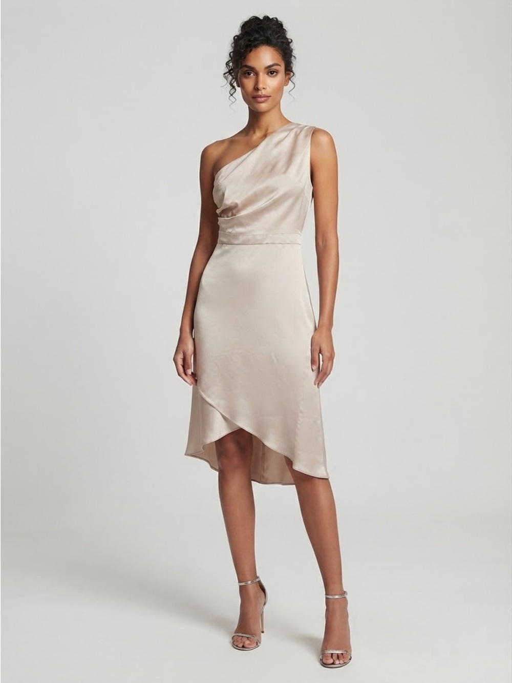 tfnc London One-Shoulder Satin Evening Dress in Champagne